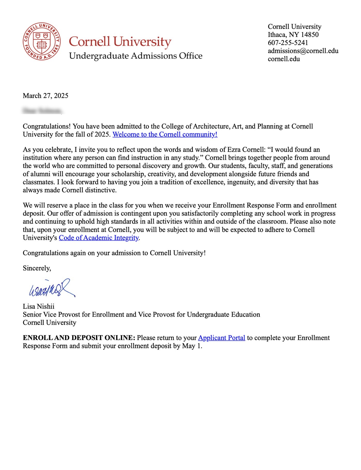 Cornell University 실제 합격 편지