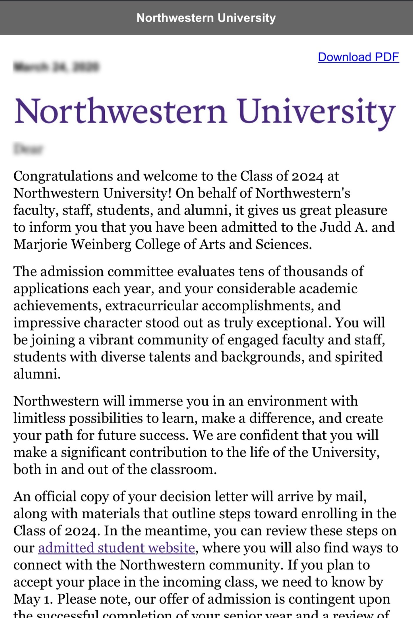 Northwestern University 실제 합격 편지