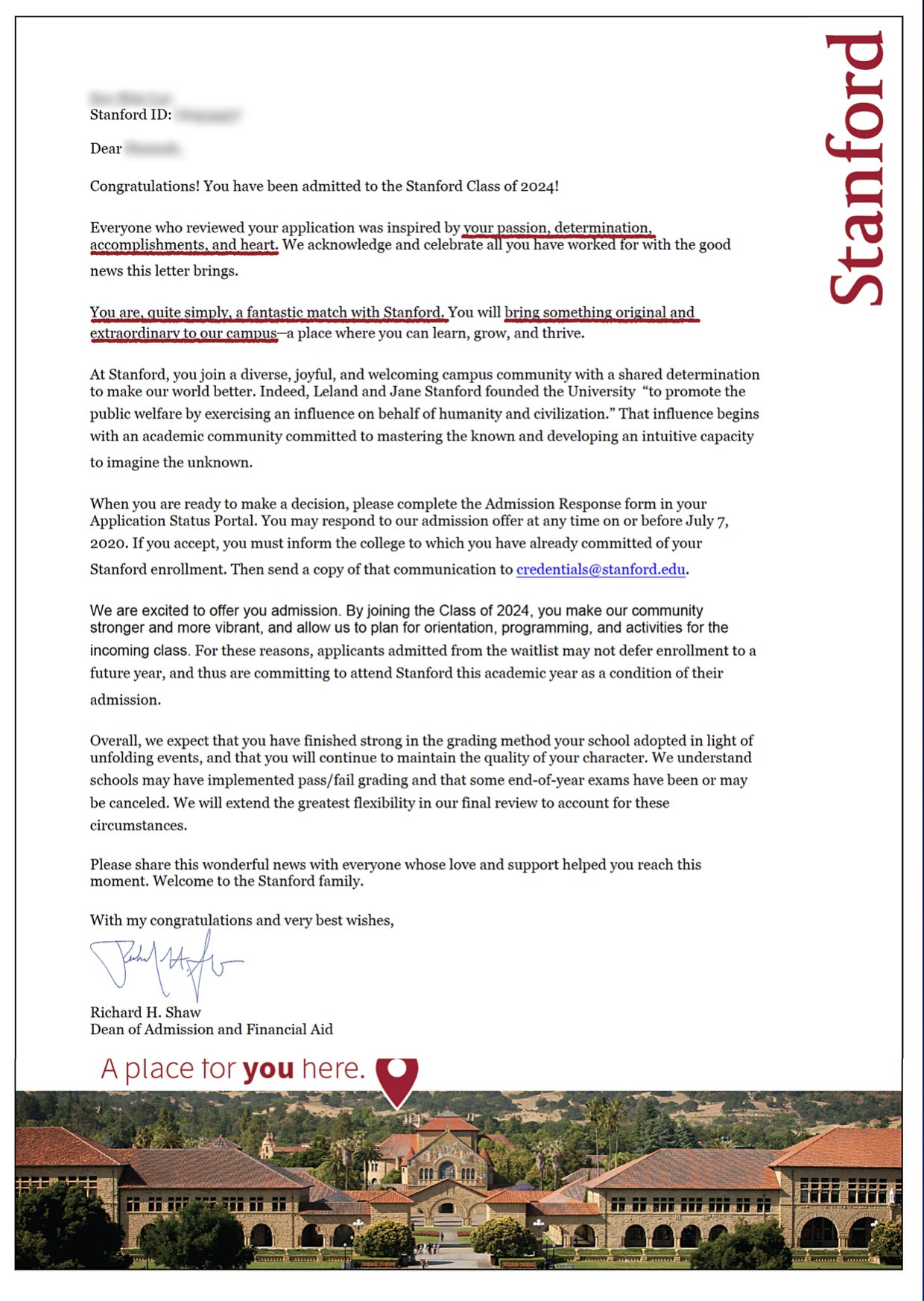 Stanford University 실제 합격 편지