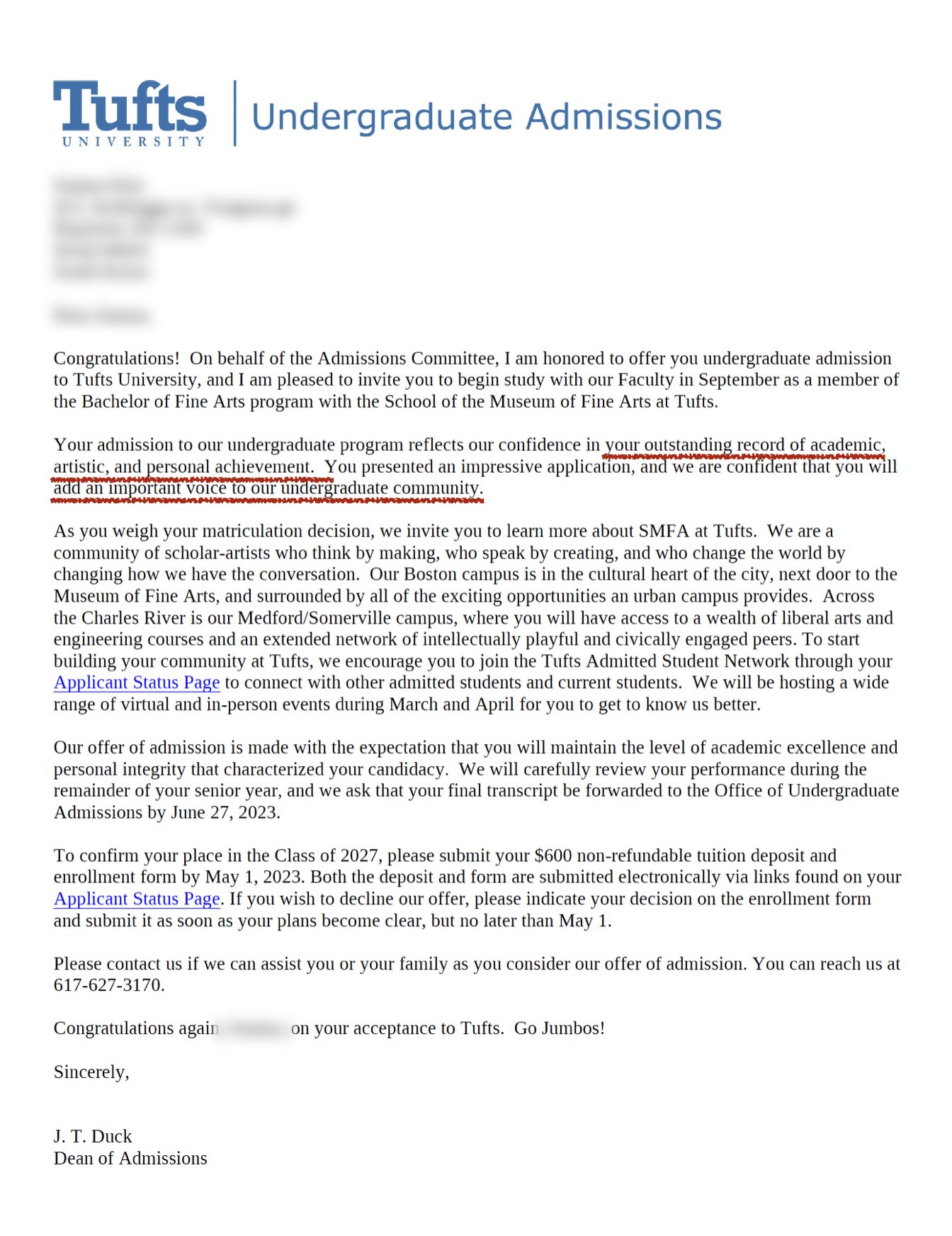 Tufts University 실제 합격 편지