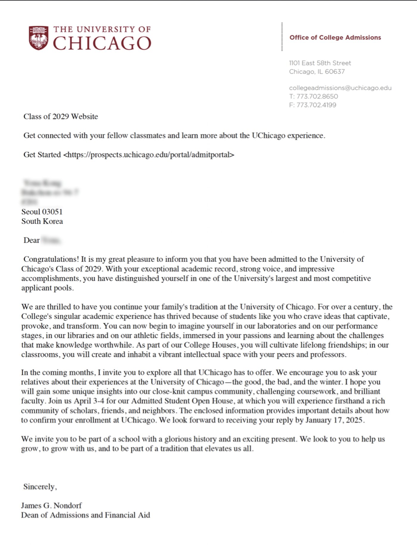 University of Chicago 실제 합격 편지