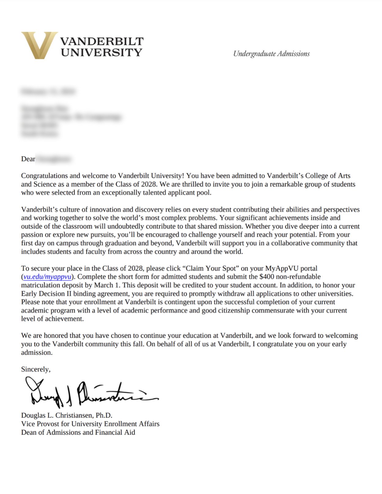 Vanderbilt University 실제 합격 편지