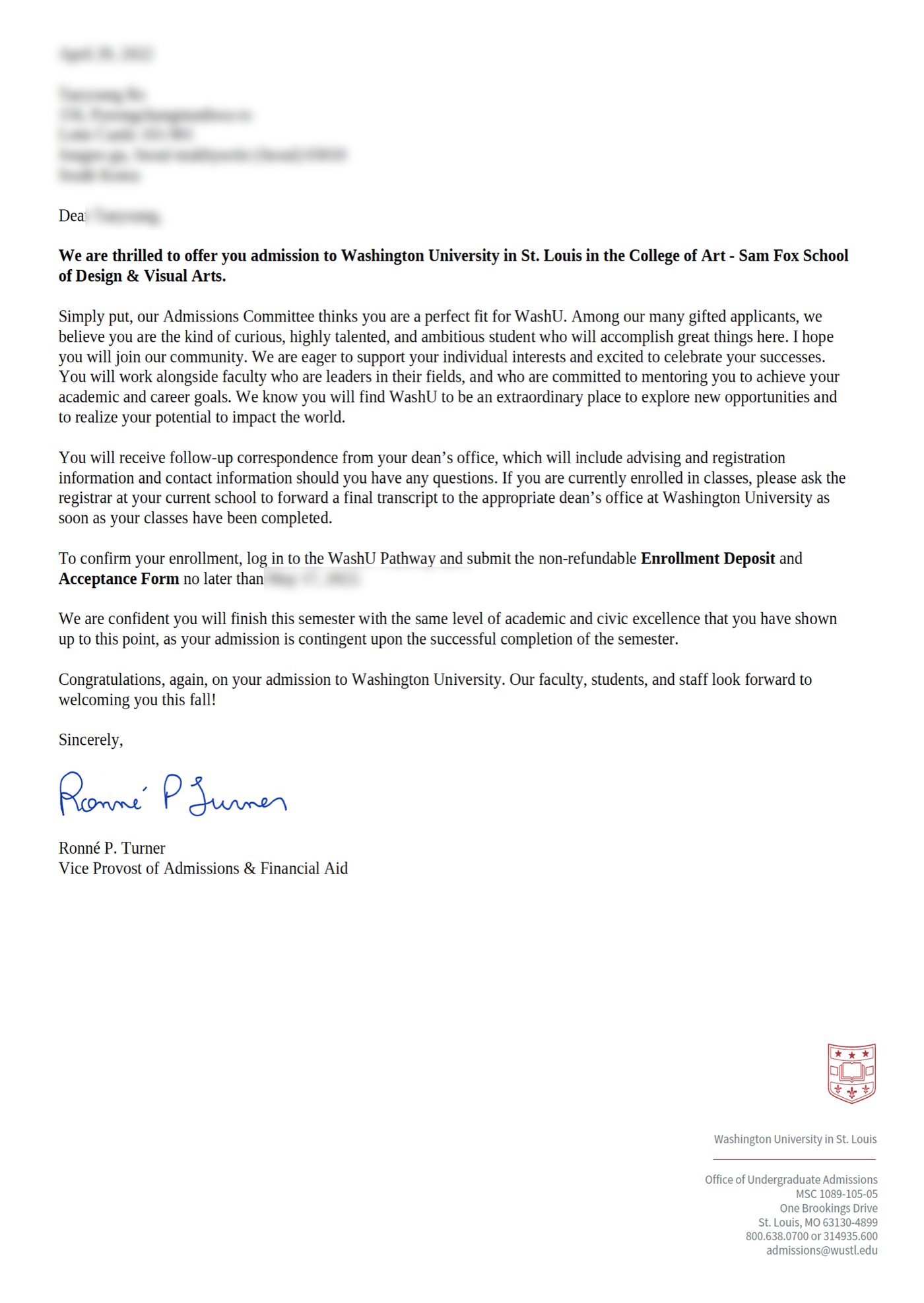Washington University in St. Louis 실제 합격 편지