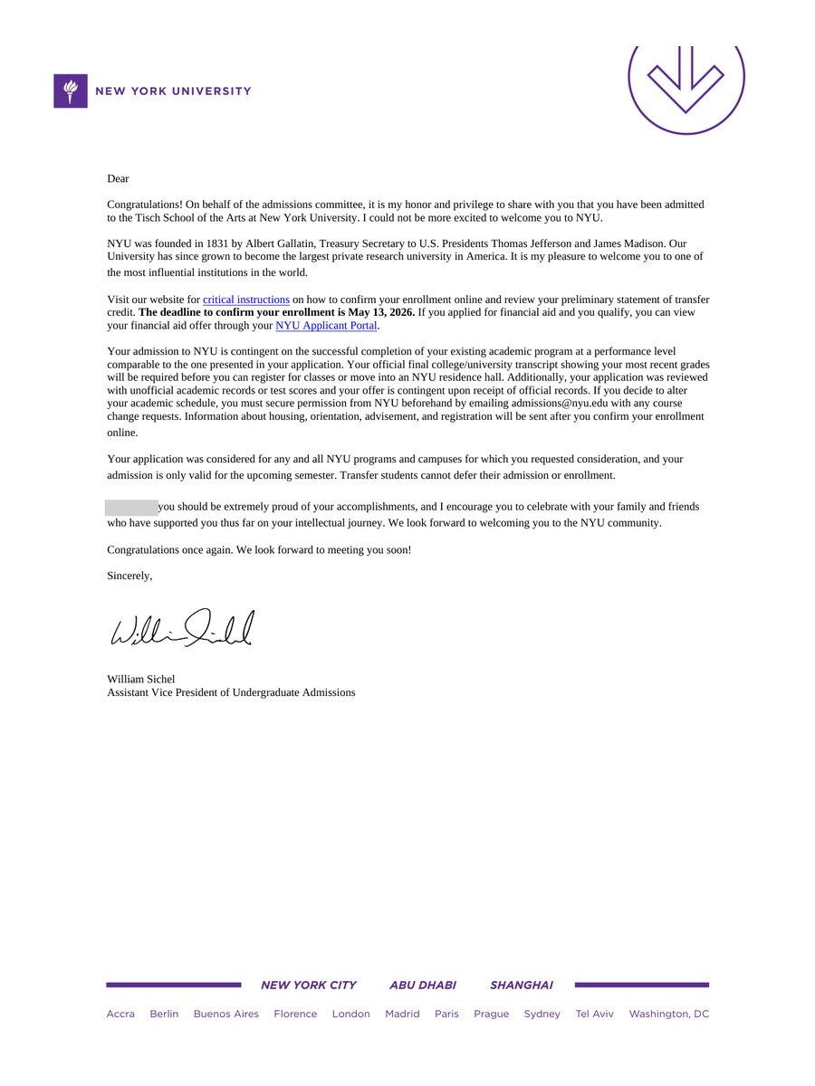 NYU Tisch School of the Arts 실제 합격 편지