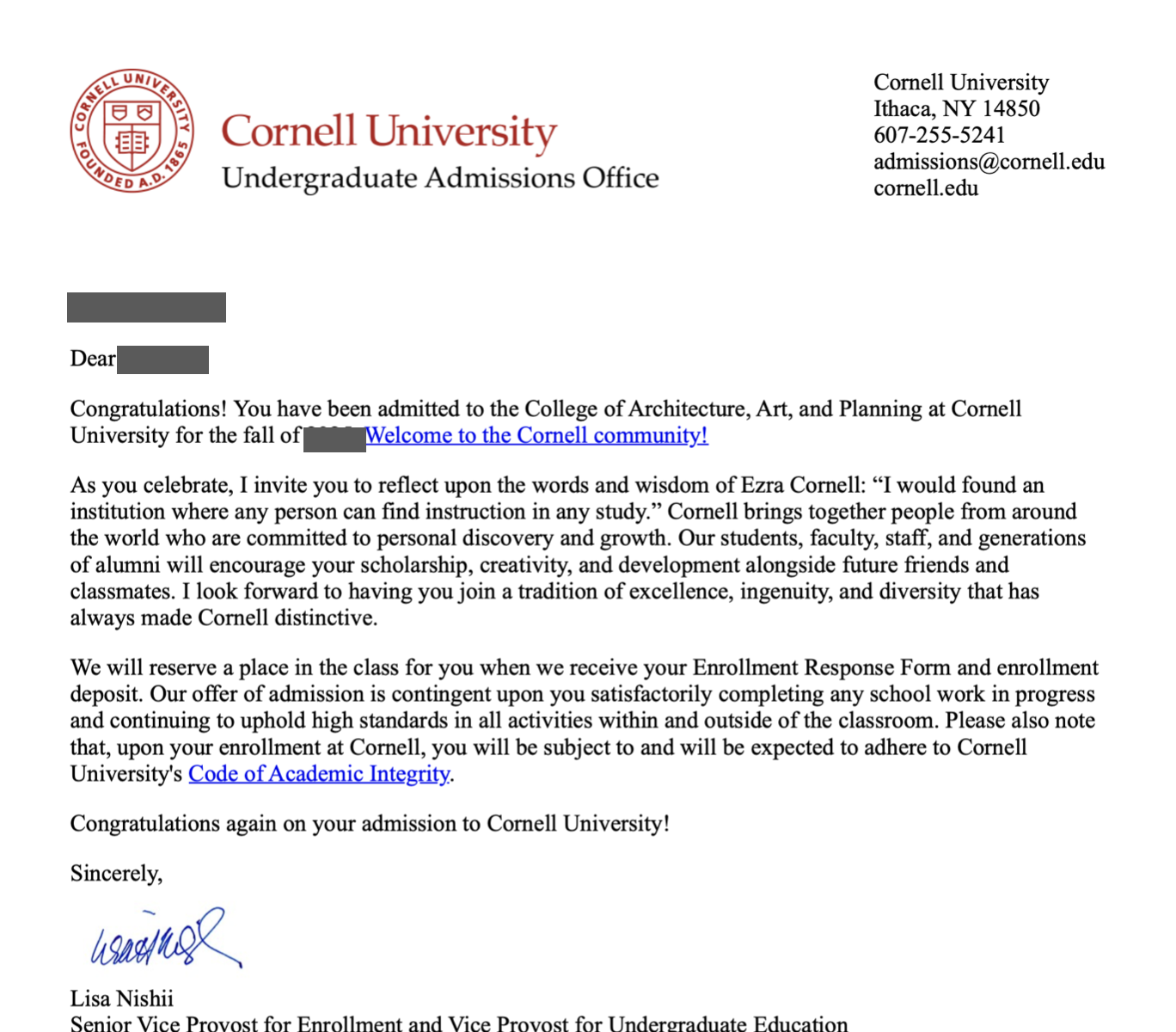 GDS 학생이 받은 Cornell University 합격 편지 — 이름과 날짜 마스킹