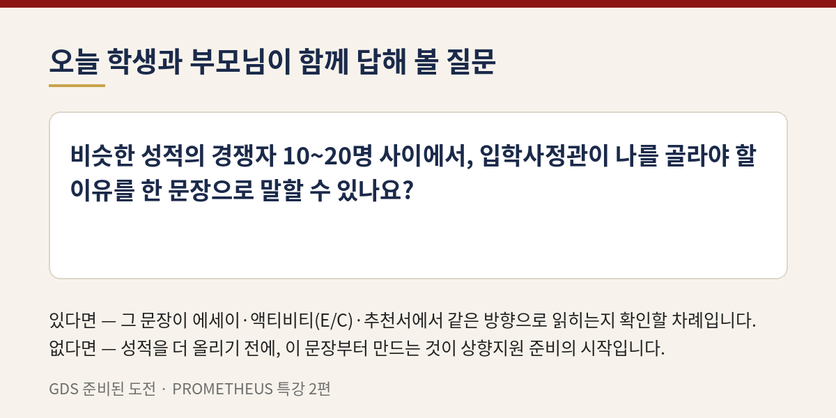 점검 질문 — 비슷한 성적의 경쟁자 10~20명 사이에서, 입학사정관이 나를 골라야 할 이유를 한 문장으로 말할 수 있나요?