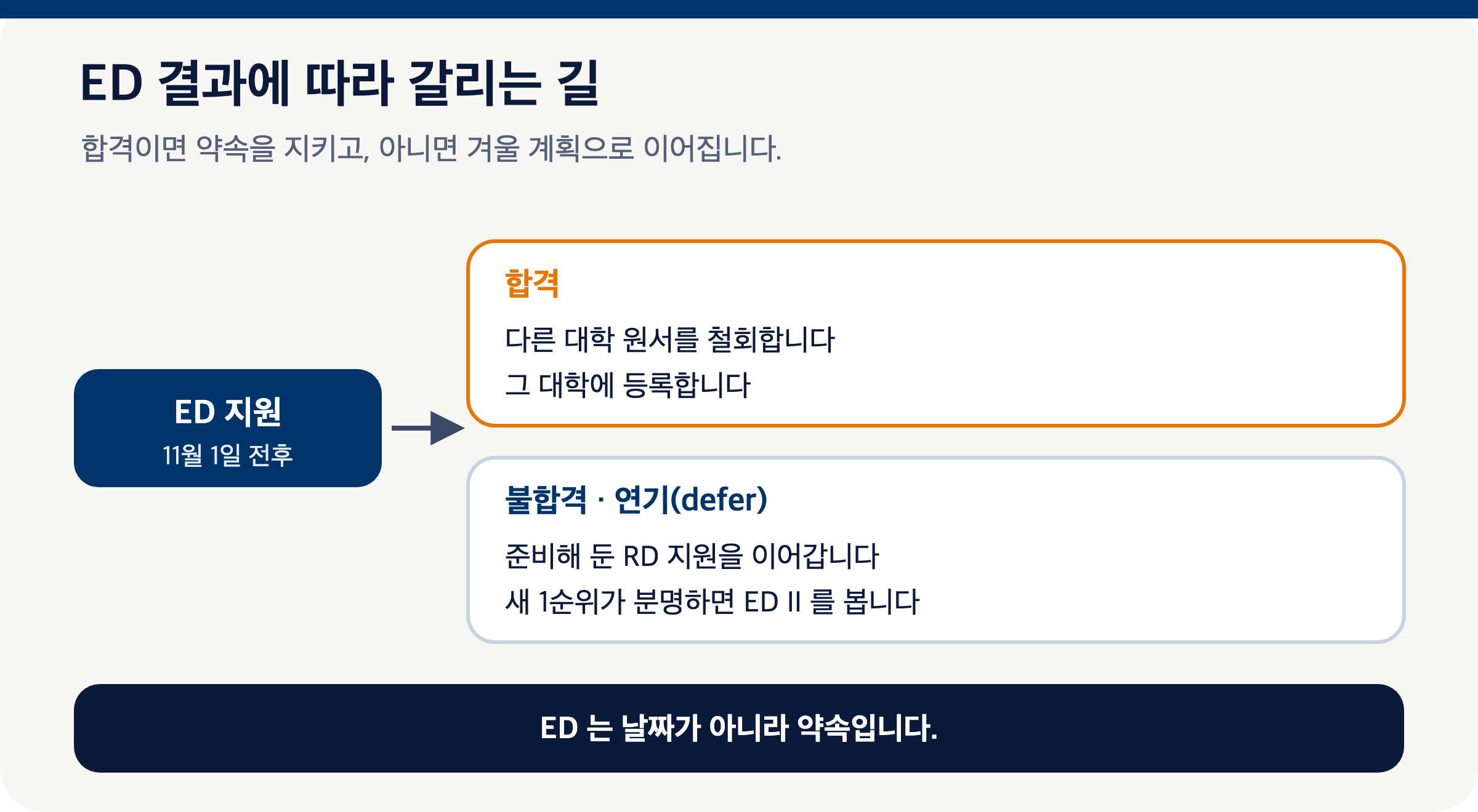 ED 지원 뒤 합격·불합격·연기에 따라 갈리는 다음 단계를 보여주는 도식